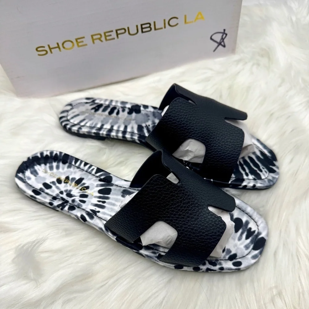 Black Square Open Toe Mule Slide Sandal